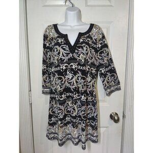 WHBM Black Leaf/Baroque Print 3/4-Sleeve Mini Shift Dress W Notch V-Neck M